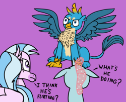 Size: 2764x2244 | Tagged: safe, artist:paw-of-darkness, gallus, ocellus, silverstream, changedling, changeling, classical hippogriff, griffon, hippogriff, g4, behaving like a bird, birds doing bird things, catbird, chest fluff, courtship, female, flirting, gallus gets all the creatures, gallus gets all the mares, griffons doing bird things, high res, male, puffy cheeks, ship:gallstream, ship:luslus, shipping, simple background, straight, text