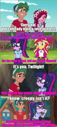 Size: 640x1427 | Tagged: safe, edit, edited screencap, screencap, gloriosa daisy, sci-twi, sunset shimmer, timber spruce, twilight sparkle, equestria girls, g4, my little pony equestria girls: legend of everfree, comic, screencap comic, text, yugioh abridged