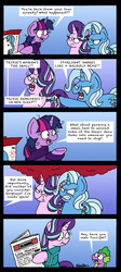 Size: 1771x3966 | Tagged: safe, artist:bobthedalek, spike, starlight glimmer, trixie, twilight sparkle, alicorn, dragon, pony, unicorn, g4, road to friendship, anger magic, angry, bathrobe, blue background, cereal, clothes, comic, female, food, implied murder, magic, male, mare, messy mane, newspaper, ragelight glimmer, robe, scrunchy face, simple background, twilight sparkle (alicorn)