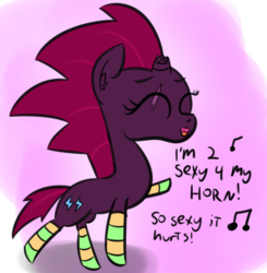 Size: 923x943 | Tagged: safe, artist:artiks, tempest shadow, pony, g4, clothes, female, i'm too sexy, open mouth, right said fred, simple background, singing, socks, solo, song reference, striped socks
