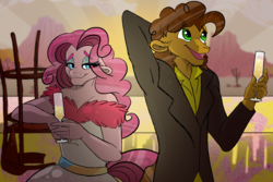 Size: 1800x1200 | Tagged: safe, artist:percy-mcmurphy, cheese sandwich, pinkie pie, anthro, g4, cider, clothes, dress, female, glass, lidded eyes, male, open mouth, ship:cheesepie, shipping, straight, wavy mouth
