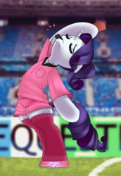 Size: 1632x2376 | Tagged: safe, artist:asherspray, rarity, pony, unicorn, g4, bipedal, bleachers, clothes, cute, eyes closed, female, football field, mare, raribetes, referee, shirt, shorts, solo, whistle