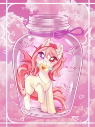 Size: 1536x2048 | Tagged: safe, artist:whiteraven, oc, oc only, oc:blood moon, bat pony, pony, bat pony oc, blind eye, bottle, female, jar, letter, looking at you, mare, mouth hold, pony in a bottle, smiling, solo