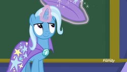 Size: 1920x1080 | Tagged: safe, screencap, trixie, pony, unicorn, a matter of principals, g4, cape, chalkboard, clothes, discovery family logo, female, glowing horn, hat, horn, magic, magic aura, mare, solo, trixie's cape, trixie's hat