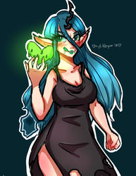 Size: 2975x3850 | Tagged: source needed, safe, artist:mylittleyuri, queen chrysalis, changeling, human, g4, adorasexy, clothes, cute, digital art, dress, fangs, female, heart, high res, horn, horned humanization, humanized, sexy, solo