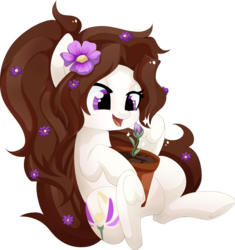 Size: 1560x1662 | Tagged: safe, artist:xsidera, oc, oc only, oc:violet aria, earth pony, pony, female, flower, flower in hair, mare, open mouth, plant, pot, simple background, solo, transparent background