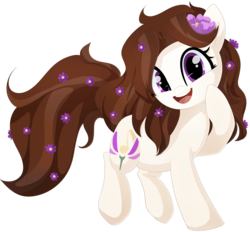 Size: 1675x1552 | Tagged: safe, artist:xsidera, oc, oc only, oc:violet aria, earth pony, pony, cute, female, flower, flower in hair, happy, looking at you, mare, open mouth, simple background, solo, transparent background