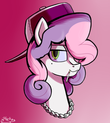 Size: 890x1000 | Tagged: safe, artist:hc0, sweetie belle, pony, g4, bust, cigarette, female, hair over one eye, hat, looking at you, older, older sweetie belle, solo