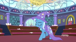 Size: 1920x1080 | Tagged: safe, screencap, trixie, pony, unicorn, a matter of principals, g4, cape, clothes, discovery family logo, eyes closed, female, hat, mare, solo, trixie's cape, trixie's hat