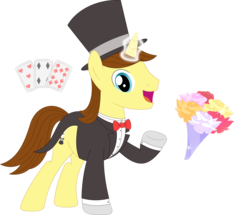 Size: 3585x3086 | Tagged: safe, artist:porygon2z, oc, oc only, oc:hocus pocus, pony, unicorn, bow, bowtie, card, clothes, flower, glowing horn, hat, high res, horn, magic, male, open mouth, simple background, solo, stallion, suit, telekinesis, top hat, transparent background