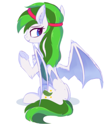 Size: 1584x1823 | Tagged: safe, artist:aureai-sketches, oc, oc only, oc:soothing leaf, bat pony, pony, accessory, chest fluff, cute, cute little fangs, dock, ear fluff, fangs, female, happy, hoof fluff, leg fluff, lidded eyes, long hair, looking back, mare, raised eyebrow, raised hoof, simple background, sitting, smiling, solo, spread wings, transparent background, wings
