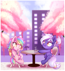 Size: 800x875 | Tagged: safe, artist:cabbage-arts, oc, oc only, oc:moon sugar, oc:paper stars, bat pony, pony, amputee, bandage, bat pony oc, cup, cute, duo, female, food, milkshake, missing limb, open mouth, smiling, table, tea, teacup, ych result