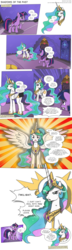 Size: 2250x7851 | Tagged: safe, artist:perfectblue97, princess celestia, twilight sparkle, alicorn, pony, unicorn, comic:shadows of the past, g4, abuse, angry, breaking the fourth wall, censored, comic, crying, hoof shoes, sunburst background, tears of anger, unicorn twilight, unnecessary censorship