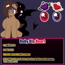 Size: 1280x1280 | Tagged: safe, artist:ribiruby, oc, oc only, oc:ruby, oc:ruby big heart, cow pony, earth pony, pony, succubus, ask, cow horns, dialogue, heterochromia, reference sheet, tumblr