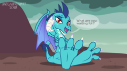 Size: 3999x2249 | Tagged: safe, artist:metalhead97, princess ember, dragon, g4, bedroom eyes, crossed arms, crossed legs, dragoness, feet, female, fetish, foot fetish, foot focus, high res, looking at you, nails, show accurate, soles, speech bubble, spread toes, talking to viewer, text, toes