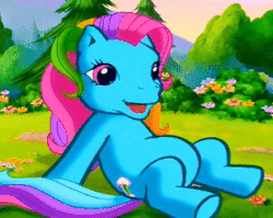 Size: 314x250 | Tagged: safe, artist:skywlshes, edit, screencap, rainbow dash (g3), pony, g3, animated, cute, female, g3betes, gif, laughing, on back, pointing, sitting, solo
