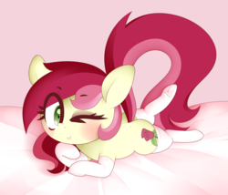 Size: 3500x3000 | Tagged: safe, artist:fullmetalpikmin, roseluck, pony, g4, bed, blushing, clothes, cute, eye clipping through hair, female, high res, looking at you, one eye closed, prone, rosabetes, socks, solo, wink