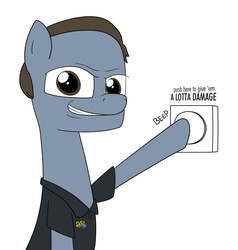 Size: 1936x2036 | Tagged: safe, artist:moonatik, earth pony, pony, 30 minute art challenge, beep, button, clothes, flex seal, grin, lidded eyes, looking at you, male, meme, phil swift, ponified, pushing, shirt, simple background, sitting, smiling, smirk, solo, stallion, that's a lotta damage, white background