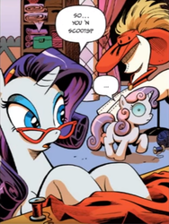 Size: 700x931 | Tagged: safe, artist:andy price, edit, editor:symphonic sync, idw, official comic, rarity, scootaloo, sweetie belle, pony, robot, unicorn, g4, spoiler:comic01, awkward, awkward moment, comic, duo, female, filly, foal, implied scootabelle, implied sweetie bot, lesbian, mare, ship:scootabelle, shipping