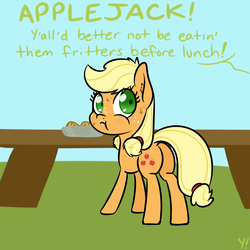 Size: 2000x2000 | Tagged: safe, artist:yakoshi, applejack, earth pony, pony, g4, :t, apple fritter (food), atg 2018, butt, caught, cute, eating, female, filly, food, grammar error, high res, implied granny smith, jackabetes, looking back, nervous, newbie artist training grounds, offscreen character, plot, shrunken pupils, solo, sweat, table, text, this will end in grounding