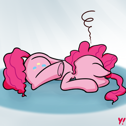 Size: 2000x2000 | Tagged: safe, artist:yakoshi, pinkie pie, earth pony, pony, g4, atg 2018, exhausted, faceplant, female, gradient background, high res, lying down, mare, newbie artist training grounds, passed out, solo, tired, underhoof