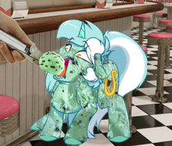 Size: 667x566 | Tagged: safe, artist:witchtaunter, edit, editor:twitchyylive, lyra heartstrings, food pony, human, ice cream pony, original species, pony, unicorn, g4, cannibalism, chest fluff, cursed image, ear fluff, eating, faic, female, food, force feeding, frown, gradient background, gray background, hand, hoof fluff, ice cream, irl, irl human, leg fluff, mare, mint, mint ice cream, mint pony, not salmon, offscreen character, open mouth, photo, ponified, scared, screaming, screaming lyra meme, shoulder fluff, simple background, tongue out, wat, wide eyes, wtf