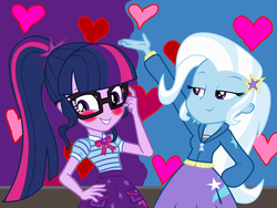 Size: 1600x1200 | Tagged: safe, artist:optimussparkle, artist:sketchmcreations, edit, editor:ktd1993, sci-twi, trixie, twilight sparkle, equestria girls, g4, my little pony equestria girls: better together, duo, female, geode of telekinesis, lesbian, looking at each other, magical geodes, ship:sci-twixie, ship:twixie, shipping