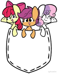 Size: 780x1000 | Tagged: safe, artist:typhwosion, apple bloom, scootaloo, sweetie belle, earth pony, pegasus, pony, unicorn, g4, adorabloom, cute, cutealoo, cutie mark crusaders, diasweetes, eyes closed, female, filly, looking at you, open mouth, pocket, pocket pony, raised hoof, simple background, smiling, trio, white background