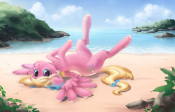 Size: 2148x1380 | Tagged: source needed, safe, artist:sheda, oc, oc only, oc:bay breeze, pegasus, pony, beach, bow, cute, digital art, female, hair bow, looking at you, mare, ocean, sand, smiling, solo, tail bow, upside down, water, ych result