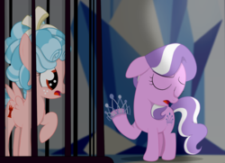 Size: 1936x1400 | Tagged: safe, artist:squipycheetah, cozy glow, diamond tiara, earth pony, pegasus, pony, g4, school raze, bars, cage, cozybuse, darkness, disappointed, discussion in the comments, eyes closed, female, filly, foal, freckles, headcanon, hell, jewelry, offering, prisoner, raised hoof, sad, story in the source, story included, surprised, tartarus, tiara