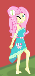 Size: 550x1193 | Tagged: safe, artist:grapefruitface1, derpibooru exclusive, fluttershy, equestria girls, equestria girls series, g4, barefoot, feet, female, fluttershy boho dress, grass, lighting, looking at you, new outfit, one eye closed, seductive look, shading, solo, wink