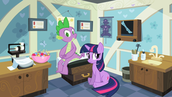 Size: 1280x720 | Tagged: safe, screencap, spike, twilight sparkle, dragon, pony, unicorn, g4, secret of my excess, anatomy, anatomy chart, bowl, candy, chart, diploma, doctor's office, duo, female, food, greed spike, lollipop, male, mare, scale, sink, sitting, tongue depressor, unicorn twilight, whistling, worried, x-ray, x-ray picture