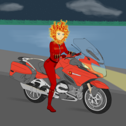 Size: 2000x2000 | Tagged: safe, artist:deltalima, sunset shimmer, equestria girls, g4, commission, crossover, fiery shimmer, fire hair, ghost rider, high res, looking at you, motorcycle