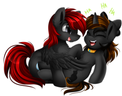Size: 3030x2400 | Tagged: safe, artist:pridark, oc, oc only, pegasus, pony, unicorn, chest fluff, collar, commission, cute, eyes closed, fangs, ha, high res, laughing, open mouth, red and black oc, simple background, tickling, transparent background