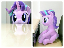 Size: 1250x937 | Tagged: safe, artist:nekokevin, starlight glimmer, pony, unicorn, series:nekokevin's glimmy, g4, chair, cute, glimmerbetes, irl, looking at you, photo, plushie, reflection, sitting, smiling, solo, soon, table