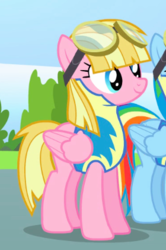 Size: 280x421 | Tagged: safe, screencap, meadow flower, rainbow dash, pegasus, pony, g4, wonderbolts academy, background pony, clothes, cropped, female, goggles, mare, smiling, solo focus, standing, uniform, wings, wonderbolt trainee uniform