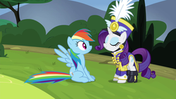Size: 1280x720 | Tagged: safe, screencap, rainbow dash, rarity, pegasus, pony, unicorn, g4, testing testing 1-2-3, ancient wonderbolts uniform, boots, clothes, duo, eyes closed, female, hat, mare, sgt. rarity, shako, shoes, sitting, spread wings, uniform, wings