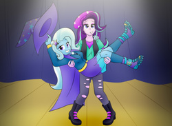 Size: 3930x2880 | Tagged: safe, artist:poseidonathenea, starlight glimmer, trixie, equestria girls, equestria girls series, equestria girls specials, g4, mirror magic, beanie, bridal carry, cape, carrying, clothes, female, hat, high res, lesbian, ship:startrix, shipping, smiling, spotlight, stage, trixie's cape, trixie's hat