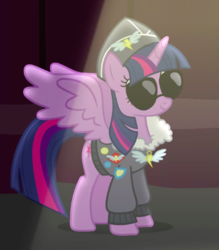 Size: 444x507 | Tagged: safe, screencap, commander easy glider, twilight sparkle, alicorn, pony, g4, testing testing 1-2-3, ancient wonderbolts uniform, bomber jacket, clothes, cropped, female, hat, jacket, mare, outfit catalog, smiling, solo, spread wings, sunglasses, twilight sparkle (alicorn), uniform, wing hole, wings