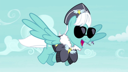 Size: 1280x720 | Tagged: safe, screencap, commander easy glider, high note, pegasus, pony, g4, testing testing 1-2-3, ancient wonderbolts uniform, background pony, bomber jacket, clothes, flying, hat, jacket, male, open mouth, solo, spread wings, stallion, sunglasses, uniform, wing hole, wings