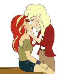 Size: 1080x1153 | Tagged: safe, artist:horsegirlpodcast, applejack, sunset shimmer, equestria girls, g4, blushing, clothes, dress, female, height difference, jacket, lesbian, pants, ship:appleshimmer, shipping, simple background, snuggling, white background