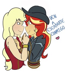 Size: 756x861 | Tagged: safe, artist:horsegirlpodcast, applejack, sunset shimmer, dance magic, equestria girls, g4, spoiler:eqg specials, black hat, blushing, bound, clothes, dress, female, hat, jacket, lasso, lesbian, looking at each other, rope, ship:appleshimmer, shipping, simple background, spanish, tied, translated in the description, white background