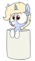 Size: 301x526 | Tagged: safe, artist:wafflecakes, oc, oc only, oc:nootaz, pony, unicorn, animated, blinking, coat markings, cup, cup of pony, cute, freckles, micro, nootabetes, raspberry, simple background, socks (coat markings), solo, tongue out, white background
