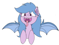 Size: 445x341 | Tagged: safe, artist:wafflecakes, oc, oc only, oc:fruit hulu, bat pony, adoracreepy, creepy, cute, fangs, open mouth, simple background, spread wings, tongue out, transparent background, wings