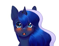 Size: 1280x1007 | Tagged: safe, artist:sasha lebedeva, princess luna, alicorn, pony, g4, blushing, bust, crown, ethereal mane, female, horn, jewelry, looking at you, mare, open mouth, regalia, simple background, solo, sparkly eyes, starry mane, want, white background, wingding eyes