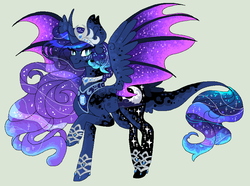 Size: 920x684 | Tagged: safe, artist:mscreepyplaguedoctor, princess luna, alicorn, pony, g4, bat wings, curved horn, ethereal mane, female, galaxy mane, horn, jewelry, leonine tail, looking at you, mare, raised hoof, redesign, regalia, sidemouth, simple background, smiling, solo, spread wings, starry mane, wings