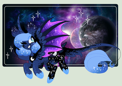 Size: 943x667 | Tagged: safe, artist:mscreepyplaguedoctor, princess luna, alicorn, pony, g4, bat wings, big ears, body markings, curved horn, ethereal mane, eyes closed, female, horn, leonine tail, long horn, one eye closed, redesign, s1 luna, smiling, solo, space, starry mane, wink, younger
