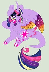 Size: 595x879 | Tagged: safe, artist:mscreepyplaguedoctor, twilight sparkle, alicorn, pony, g4, big ears, colored wings, curved horn, cutie mark, female, horn, leonine tail, mare, one eye closed, one wing out, rainbow power, raised hoof, simple background, solo, tail feathers, twilight sparkle (alicorn)