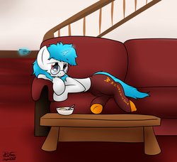 Size: 1827x1665 | Tagged: safe, artist:the-furry-railfan, oc, oc only, oc:minty candy, pony, unicorn, bed mane, bowl, breakfast, cereal, clothes, couch, food, glasses, lazy, magic, milk, pants, remote, socks, stairs, sweatpants, table, telekinesis, watching tv
