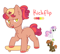 Size: 914x828 | Tagged: safe, artist:fusionsofponies, artist:koteikow, button mash, sweetie belle, pony, unicorn, g4, backwards ballcap, baseball cap, blank flank, cap, chest fluff, color palette, colt, ear fluff, foal, fusion, fusion:button mash, fusion:sweetie belle, hat, leg fluff, male, open mouth, open smile, simple background, skateboard, smiling, white background